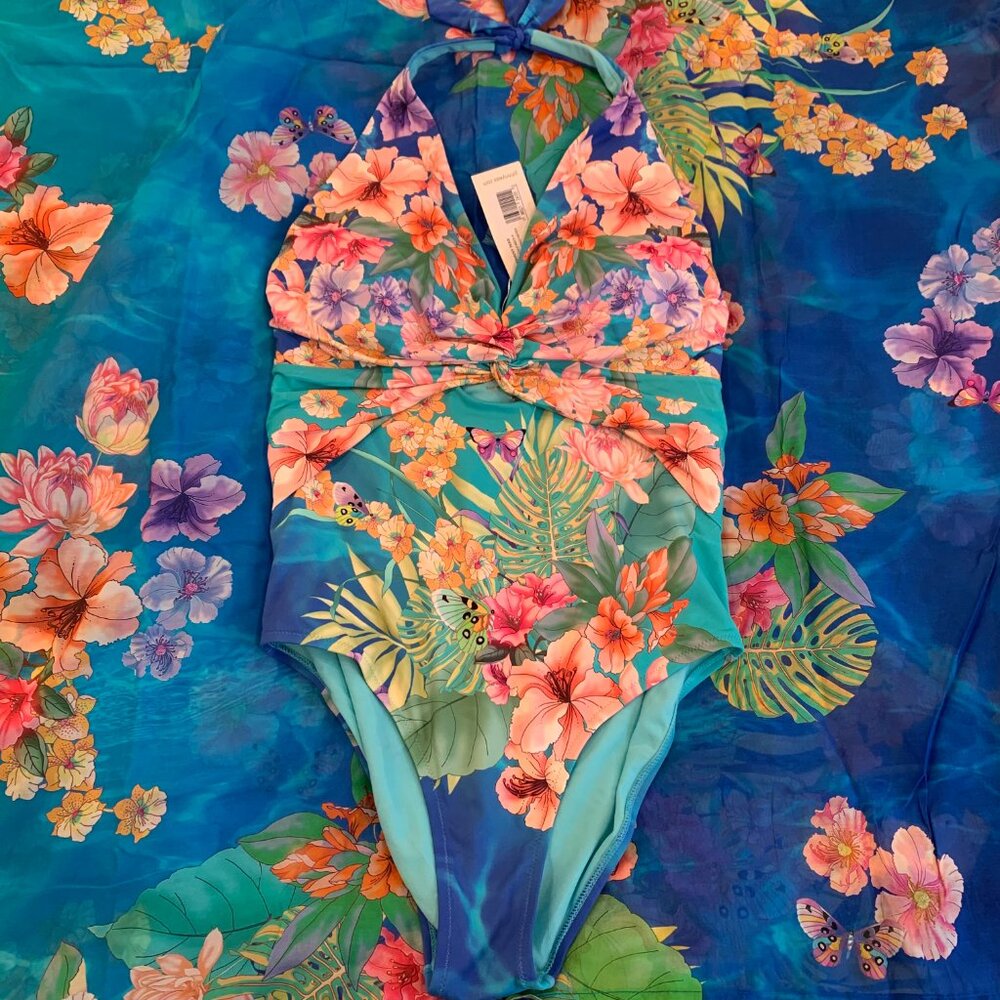 Johnny Was Water Tropic Kaftan & Tie Dye Twist Keyhole One Piece NWT - Picture 4 of 11